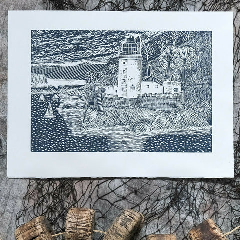 St Anthony Lighthouse, Roseland, Cornwall Lino Print