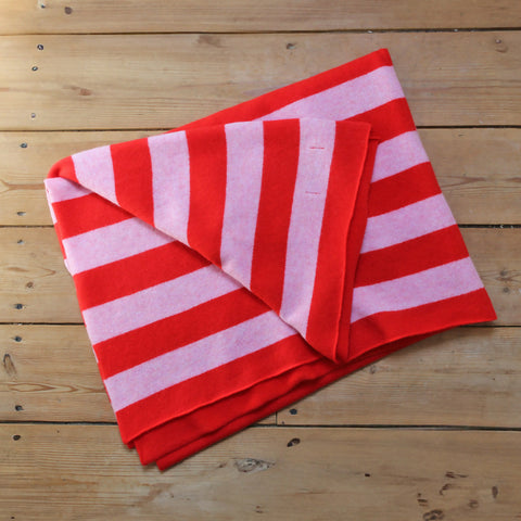 Fabulous Knitted Lambswool Red and Pink Striped Blanket
