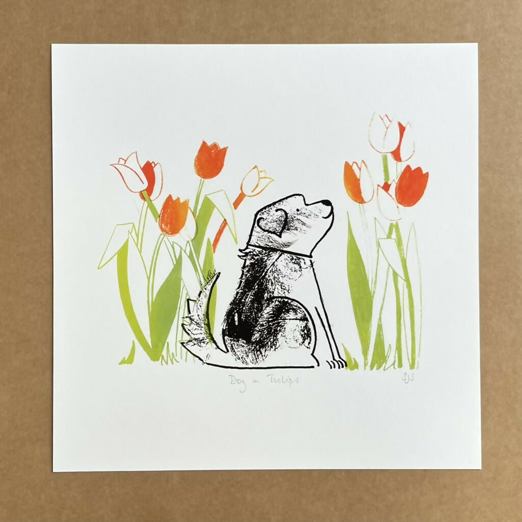 Dog in Tulips - Giclee Print