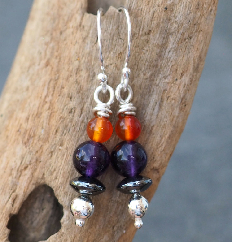 Amethyst, Hematite Carnelian Drop Earrings