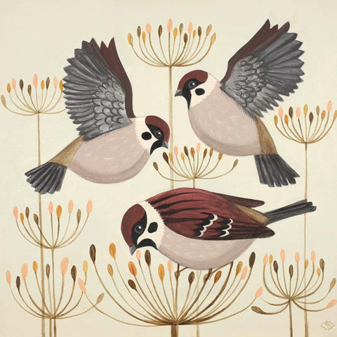 Catriona Hall, Seed-Seeking Sparrows, Fine Art Greeting Card