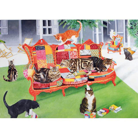 E B Watts, Cats On Patchwork Sofa, Blank Art Card