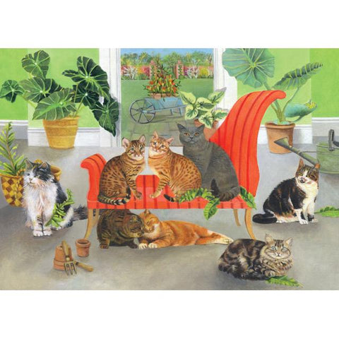 E B Watts, The Cats In The Plant Room, Fine Art Greeting Card