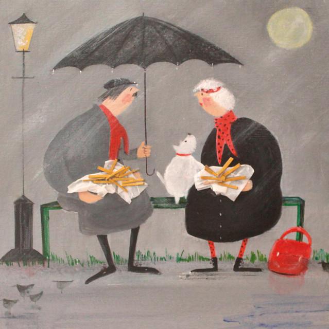 Jennifer Verny-Franks, Chat and Chips In the Rain, Art Card