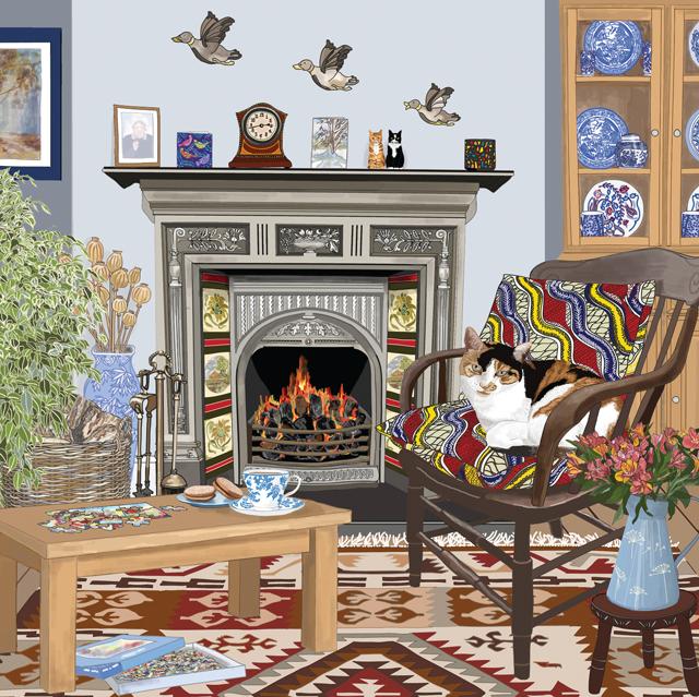 Mig Wyeth, Warm and Cosy (Cat), Fine Art Blank Greeting card