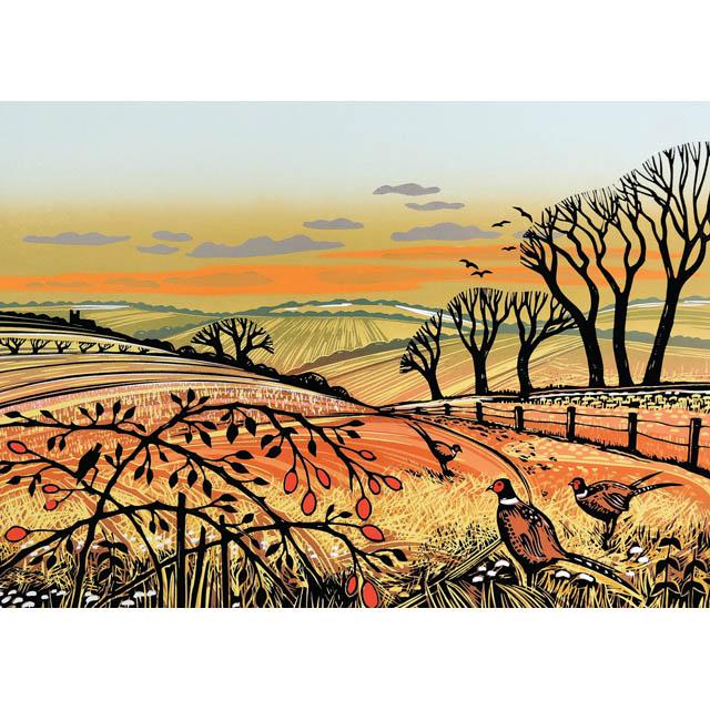 Rob Barnes, Sunset Pheasants, Blank Art Card