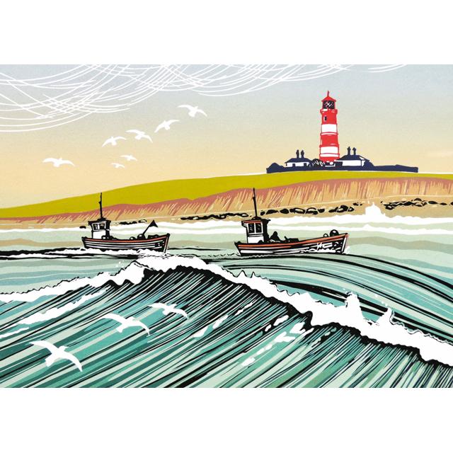 Along The Coast, By Rob Barnes, A Blank Art Card Based On A Linocut Featuring Boats and a Lighthouse