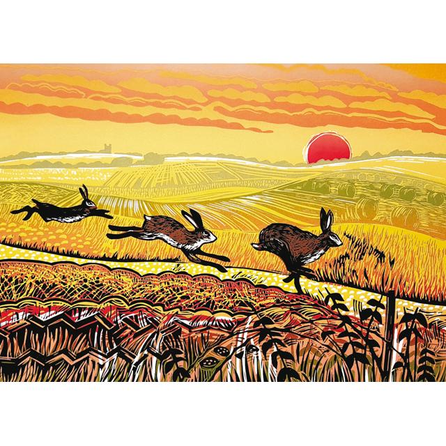 Sunset Chase, by Rob Barnes, A Fine Art Greeting Card Featuring Hares Against A Setting Sun