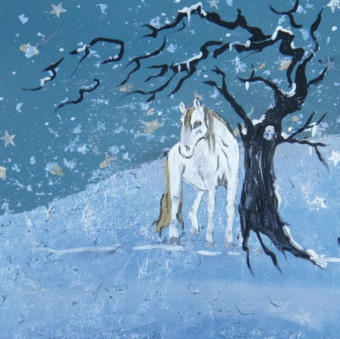 Sally Bruce Richards, White Horse In The Snow, Fine Art Greeting Card
