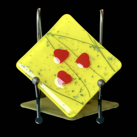 Yellow with Hearts Coaster - Fused Glass Sculpture
