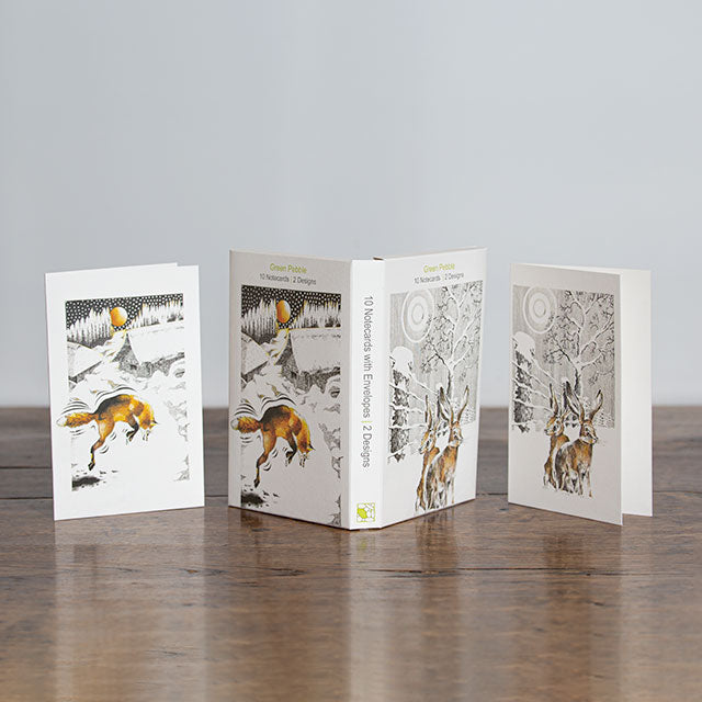 Kevin Cook, Hares in Winter + Pouncing Fox, Set of note cards