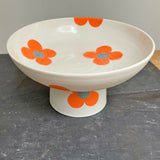 Big Blossom Pedestal Bowl - Handmade Painted Porcelain - HOT ORANGE WITH GREY