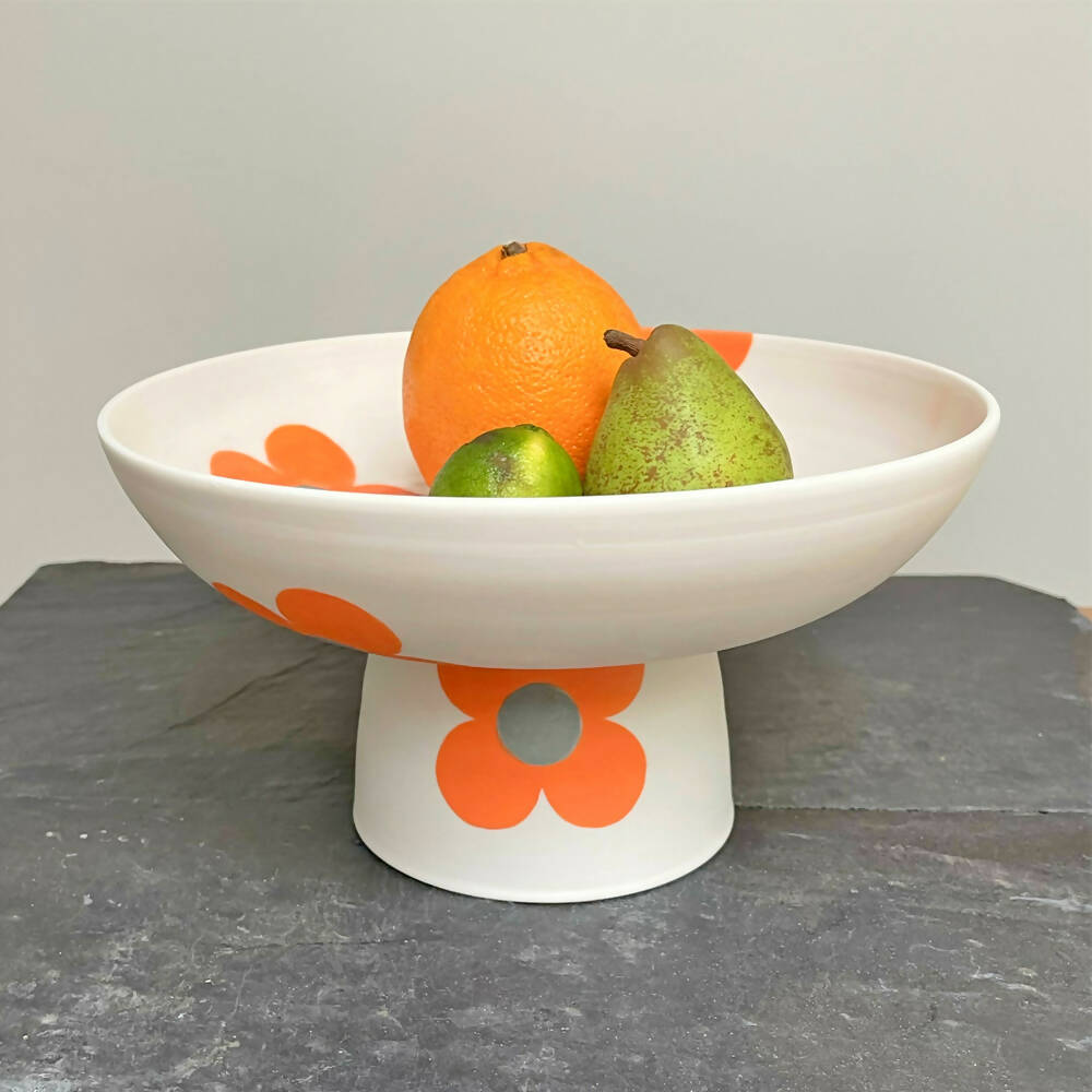 Big Blossom Pedestal Bowl - Handmade Painted Porcelain - HOT ORANGE WITH GREY