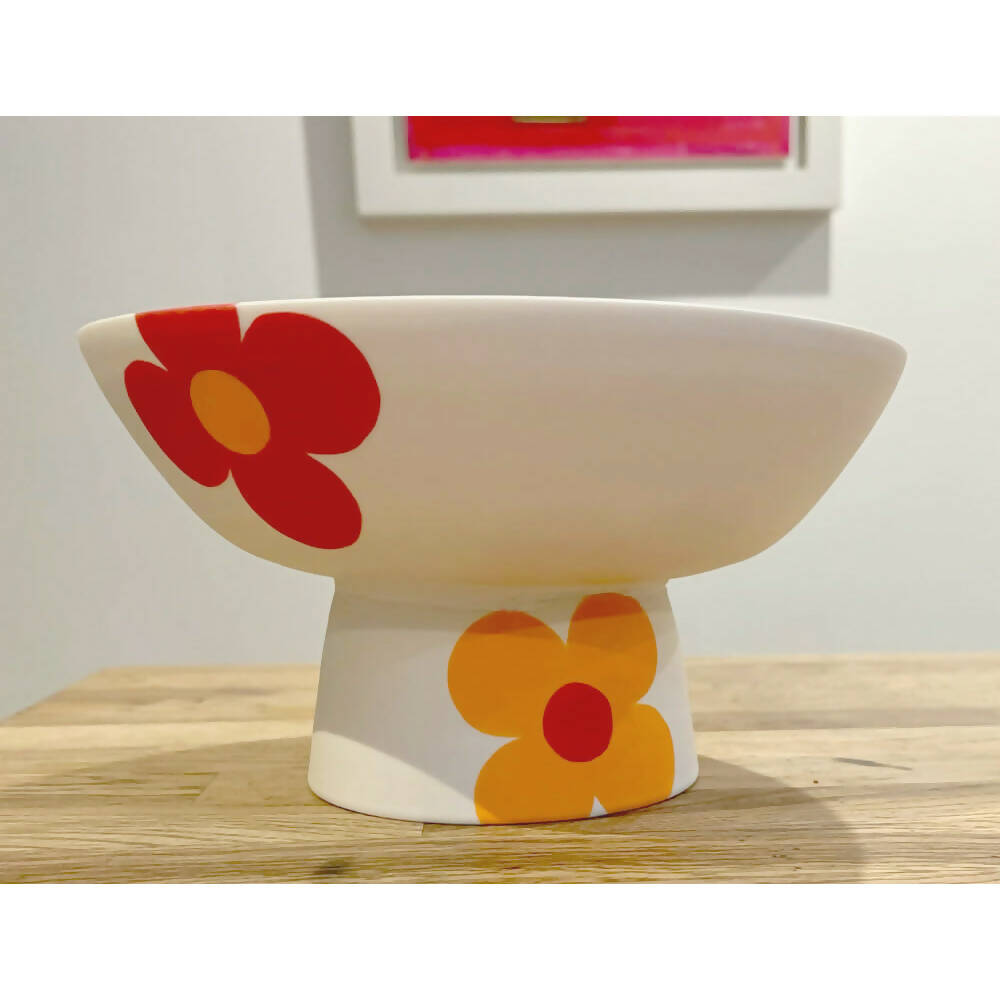 Big Blossom Pedestal Bowl - Handmade Painted Porcelain - HOT ORANGE WITH RED